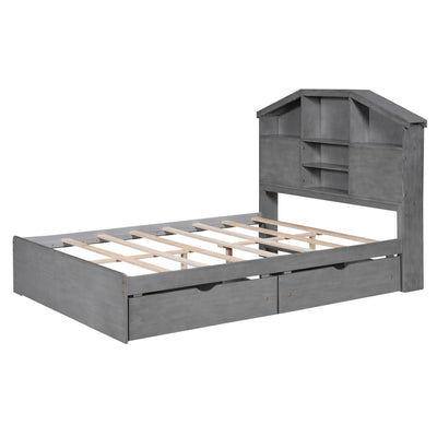 Full Size Wood Platform Bed With Storage Headboard And Drawers