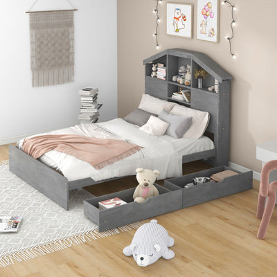 Full Size Wood Platform Bed With Storage Headboard And Drawers