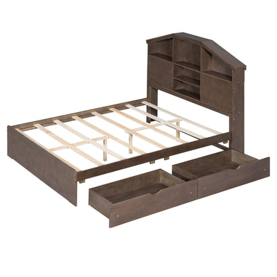 Full Size Wood Platform Bed With Storage Headboard And Drawers