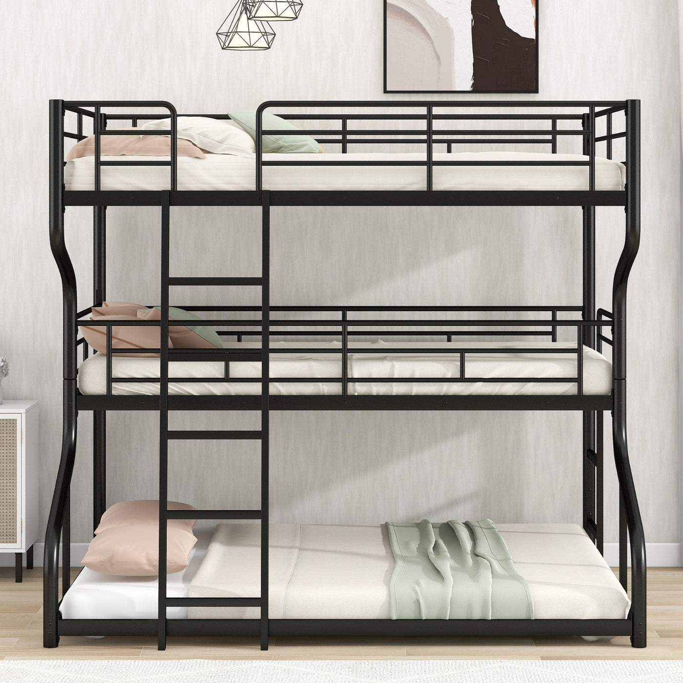 Triple Bunk Bed Full XL Twin XL Queen With Long Short Ladder