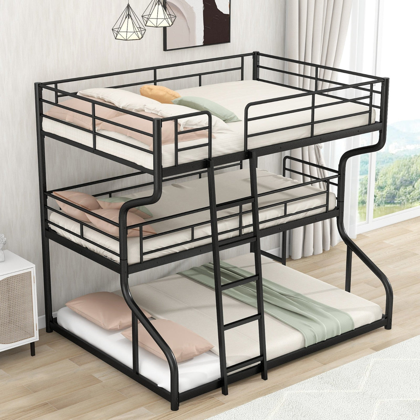 Triple Bunk Bed Full XL Twin XL Queen With Long Short Ladder