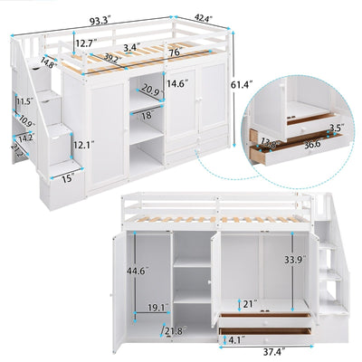 Functional Loft Bed With Shelves Wardrobes Drawers And Storage Ladder