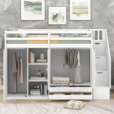 Functional Loft Bed With Shelves Wardrobes Drawers And Storage Ladder