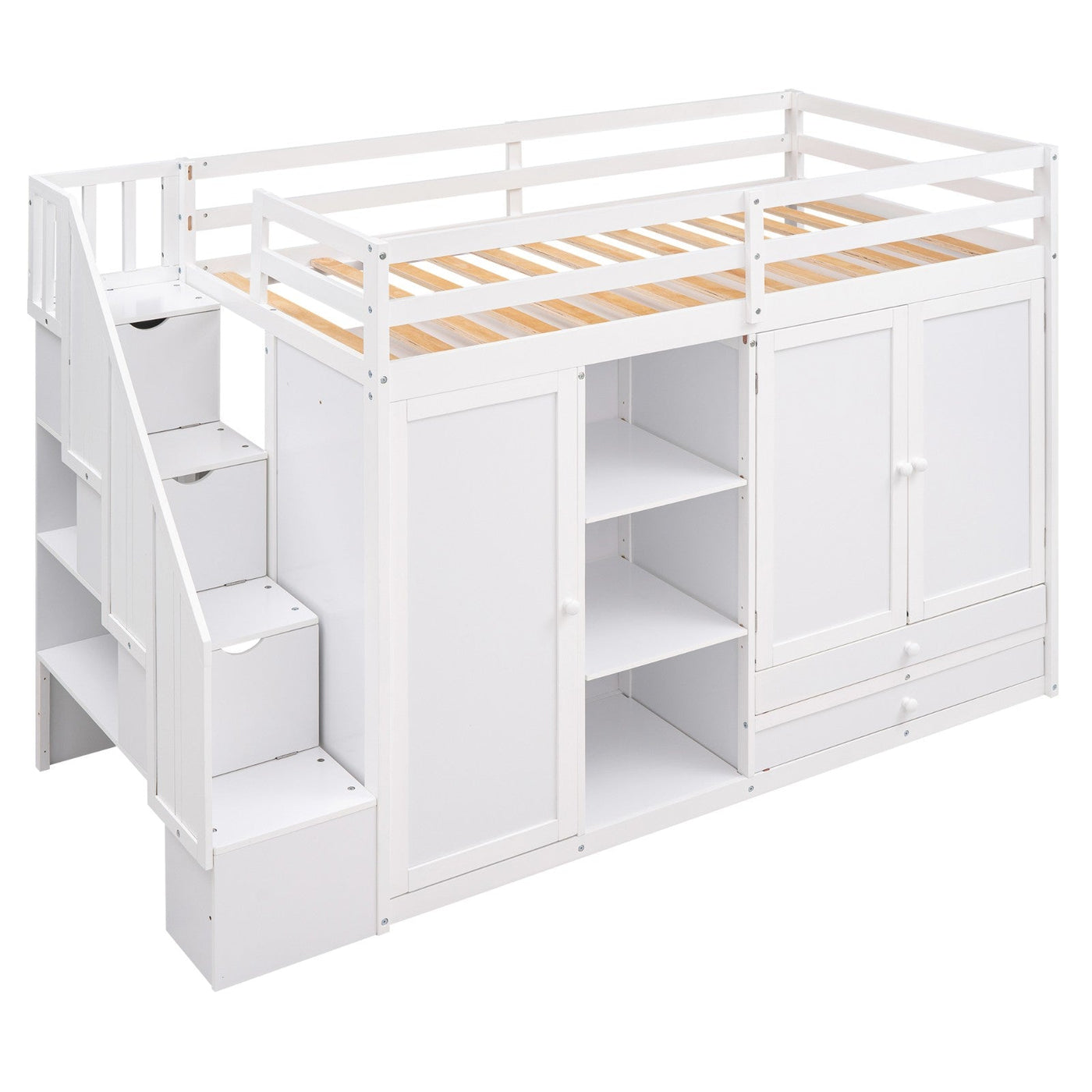 Functional Loft Bed With Shelves Wardrobes Drawers And Storage Ladder