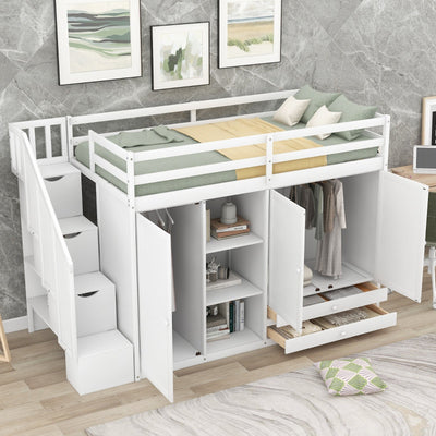 Functional Loft Bed With Shelves Wardrobes Drawers And Storage Ladder