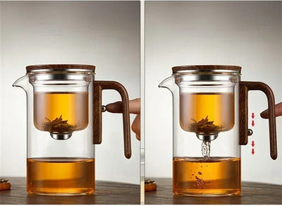 Glass Teapot With Magnetic Filter And Elegant Wooden Handle Design