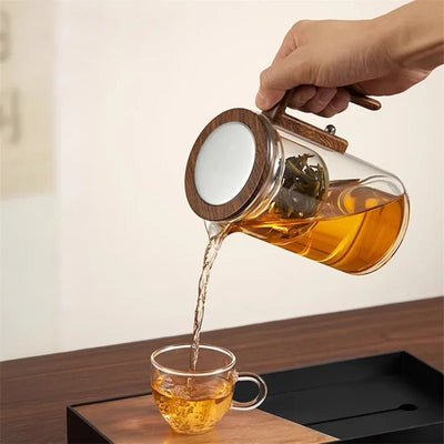 Glass Teapot With Magnetic Filter And Elegant Wooden Handle Design
