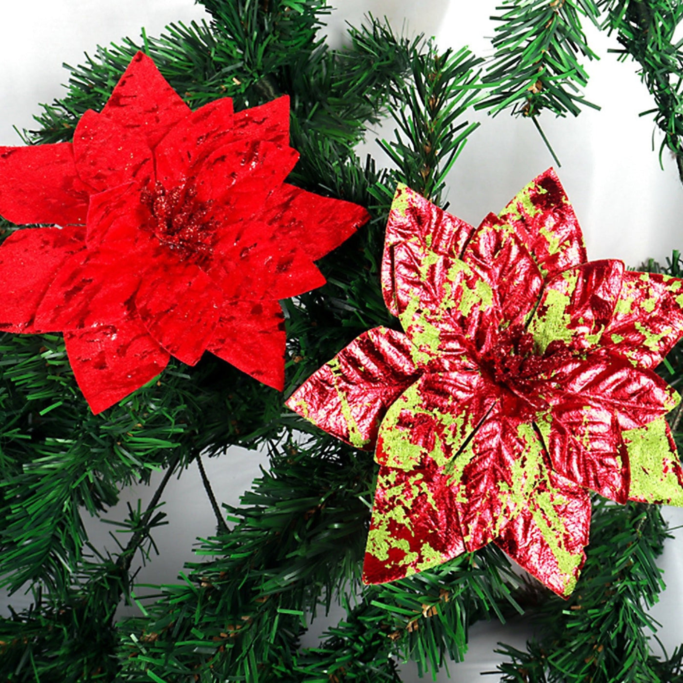 Glittering Artificial Poinsettia Flower Head With Festive Berry Accents