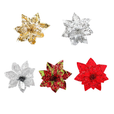 Glittering Artificial Poinsettia Flower Head With Festive Berry Accents