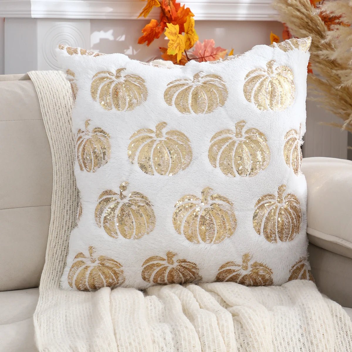 Halloween Pumpkin Throw Pillow Cover Plush Sequin Embroidery Zip Closure