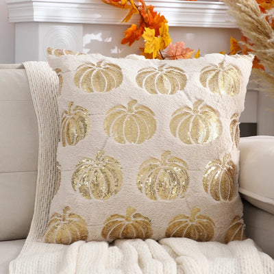 Halloween Pumpkin Throw Pillow Cover Plush Sequin Embroidery Zip Closure
