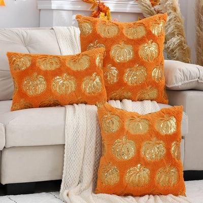 Halloween Pumpkin Throw Pillow Cover Plush Sequin Embroidery Zip Closure