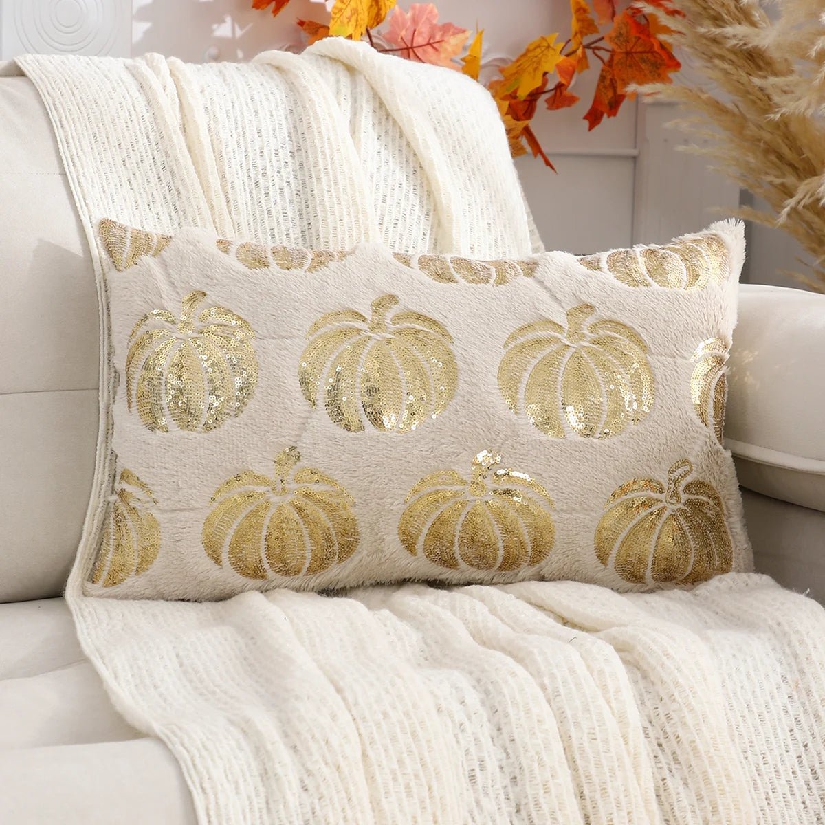 Halloween Pumpkin Throw Pillow Cover Plush Sequin Embroidery Zip Closure