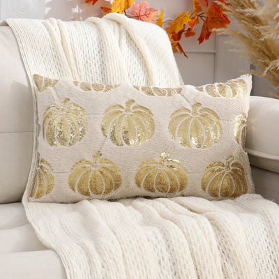 Halloween Pumpkin Throw Pillow Cover Plush Sequin Embroidery Zip Closure