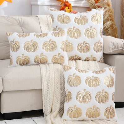 Halloween Pumpkin Throw Pillow Cover Plush Sequin Embroidery Zip Closure