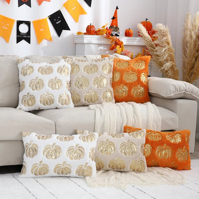 Halloween Pumpkin Throw Pillow Cover Plush Sequin Embroidery Zip Closure