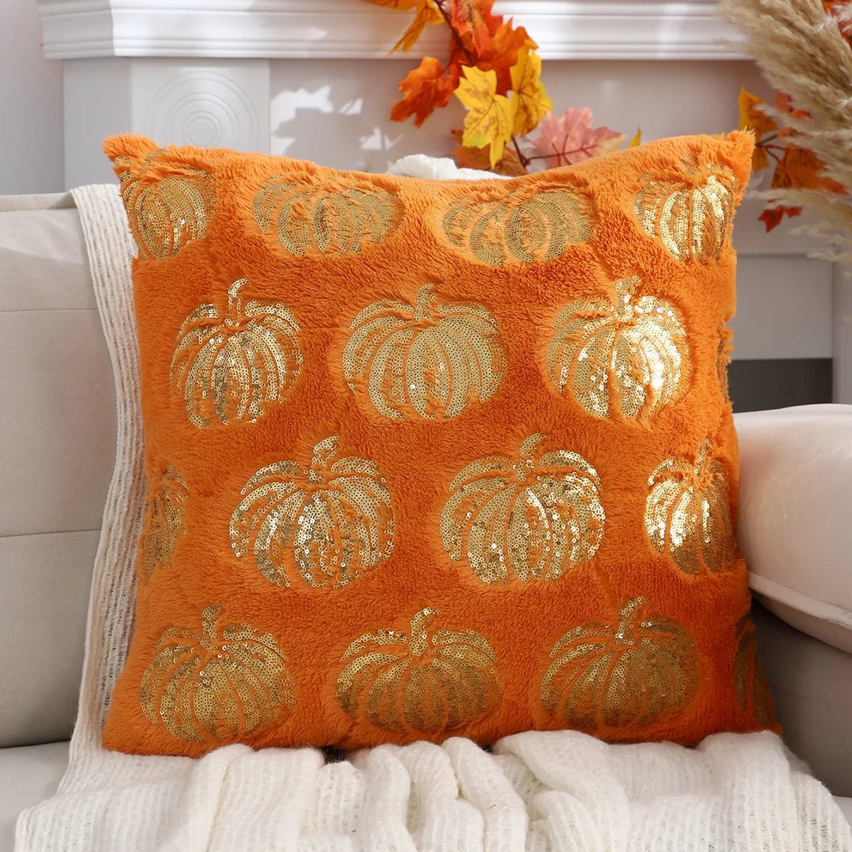 Halloween Pumpkin Throw Pillow Cover Plush Sequin Embroidery Zip Closure