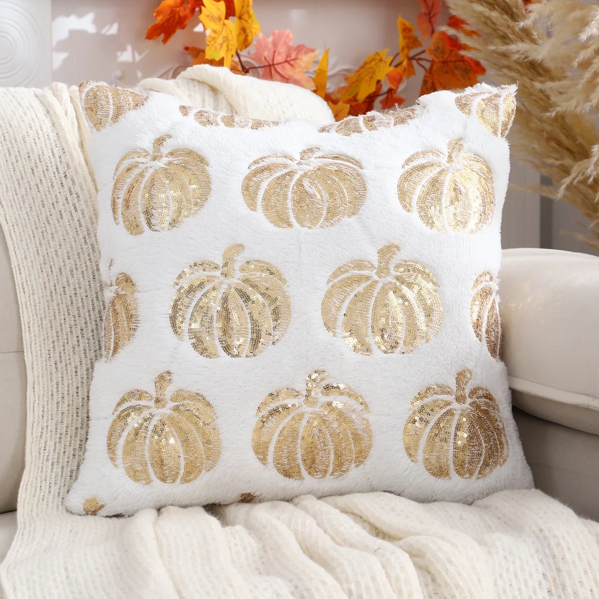 Halloween Pumpkin Throw Pillow Cover Plush Sequin Embroidery Zip Closure