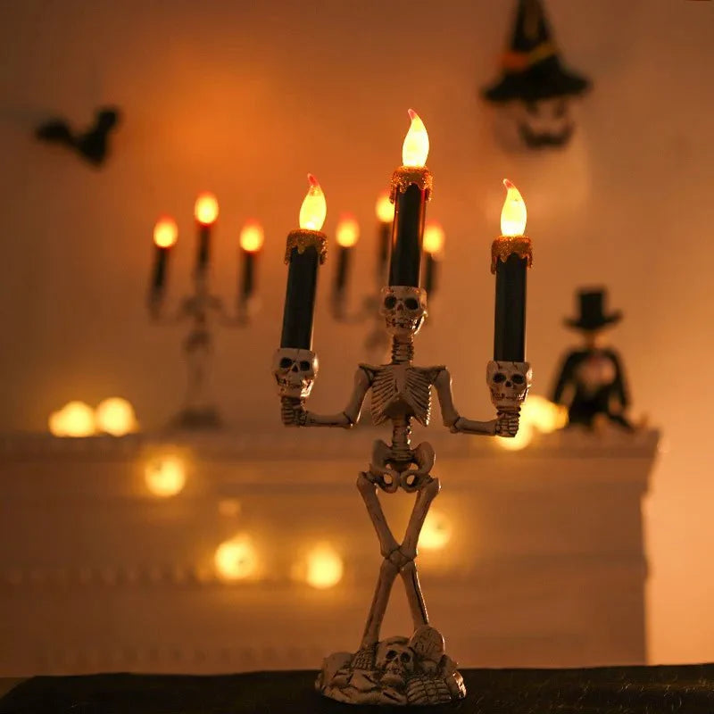 Halloween Skeleton Candle Holder Three-Head Skull Gothic LED Candelabra