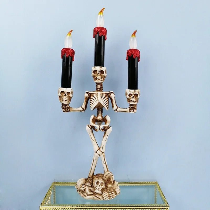 Halloween Skeleton Candle Holder Three-Head Skull Gothic LED Candelabra
