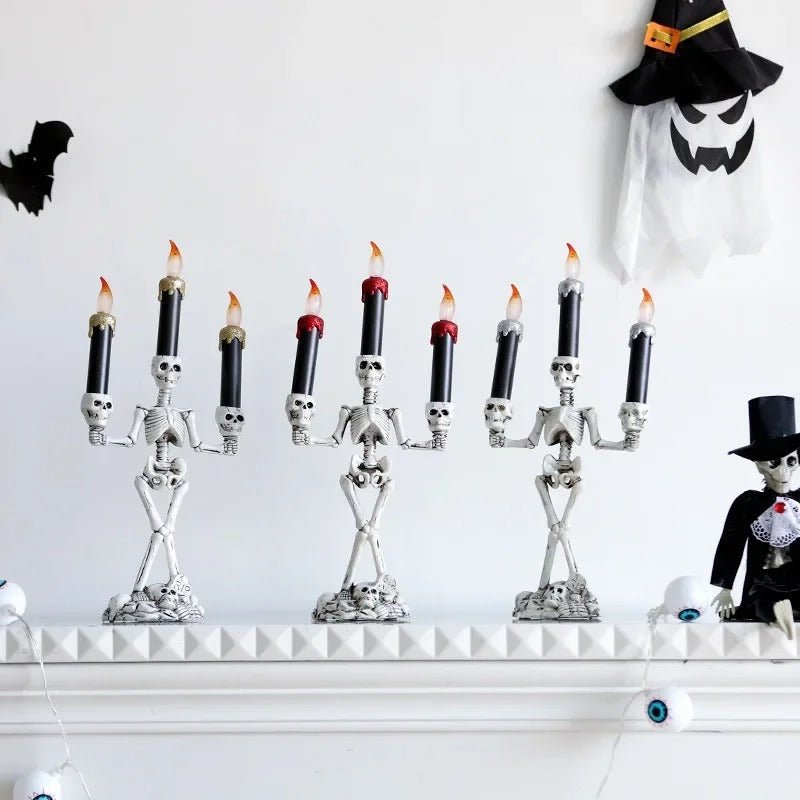 Halloween Skeleton Candle Holder Three-Head Skull Gothic LED Candelabra