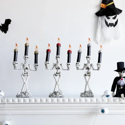 Halloween Skeleton Candle Holder Three-Head Skull Gothic LED Candelabra