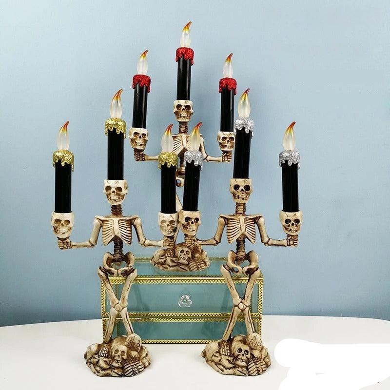 Halloween Skeleton Candle Holder Three-Head Skull Gothic LED Candelabra