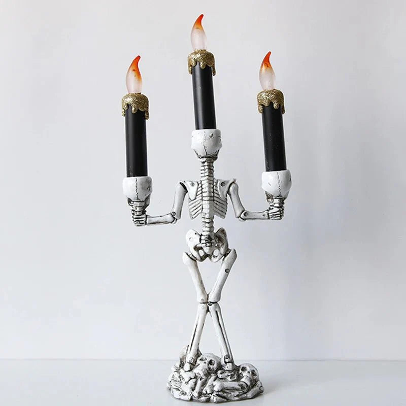 Halloween Skeleton Candle Holder Three-Head Skull Gothic LED Candelabra