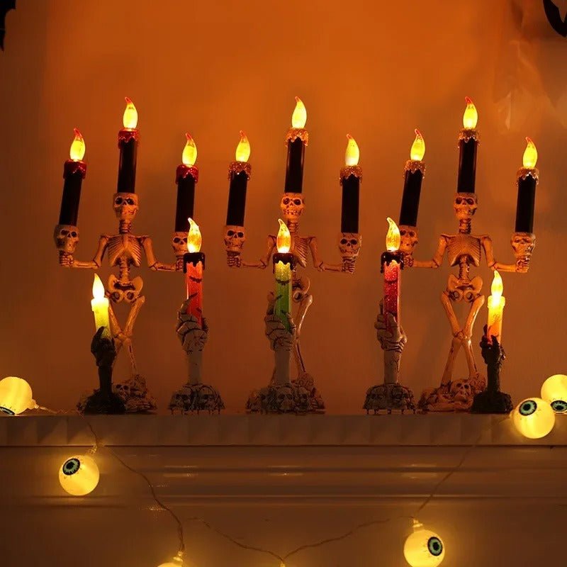 Halloween Skeleton Candle Holder Three-Head Skull Gothic LED Candelabra