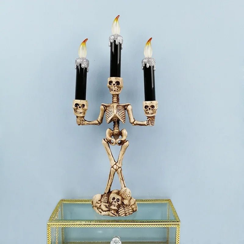 Halloween Skeleton Candle Holder Three-Head Skull Gothic LED Candelabra