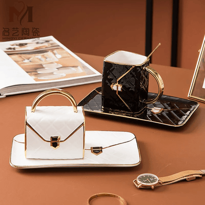 Handbag Inspired Ceramic Mug Set With Saucer And Spoon For Tea