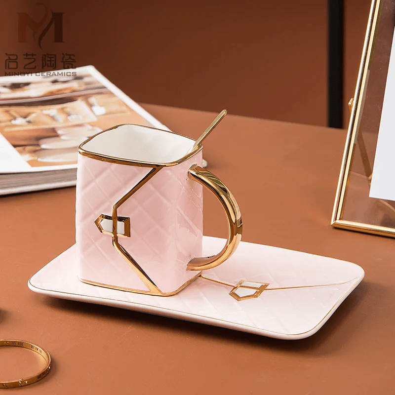 Handbag Inspired Ceramic Mug Set With Saucer And Spoon For Tea