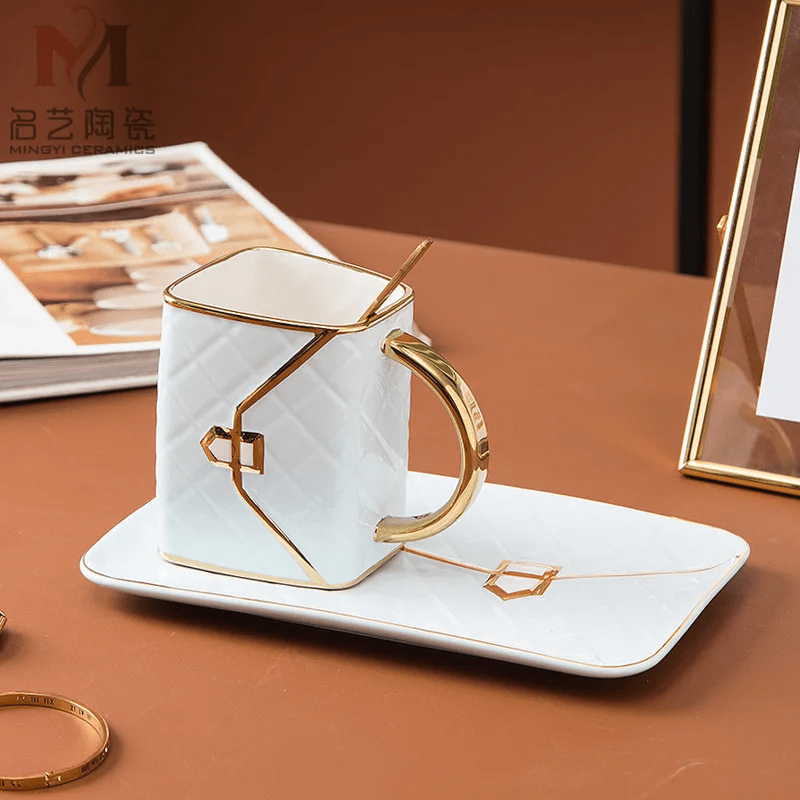 Handbag Inspired Ceramic Mug Set With Saucer And Spoon For Tea