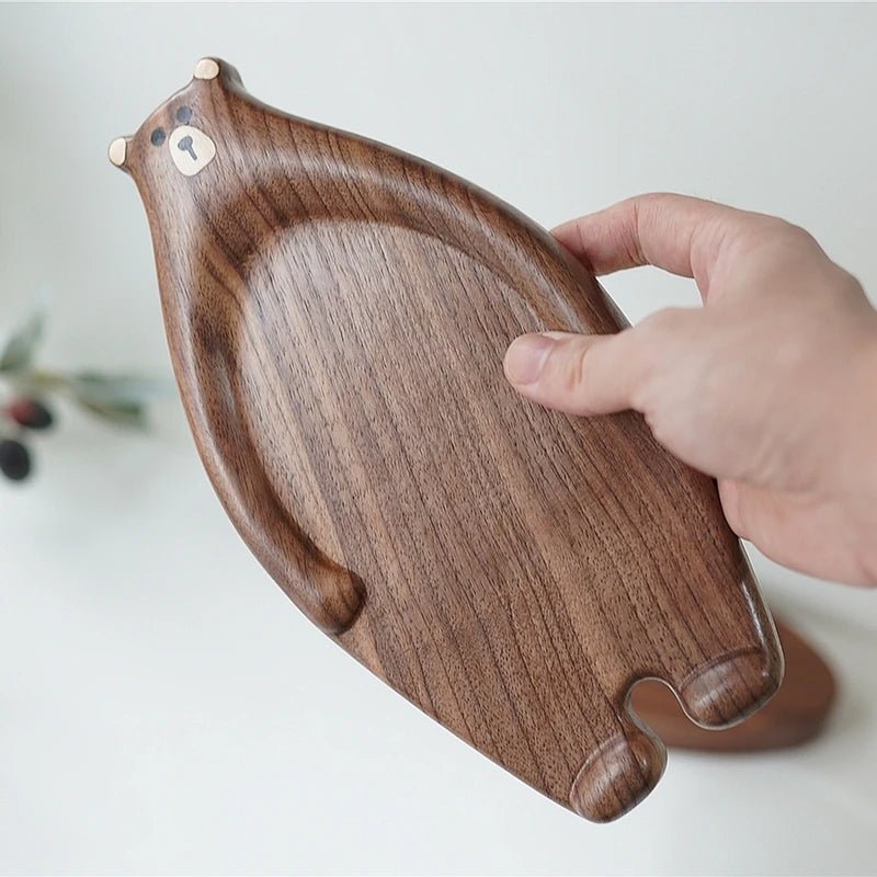 Black Walnut Serving Plate Handcrafted Bear Design Wooden Dish