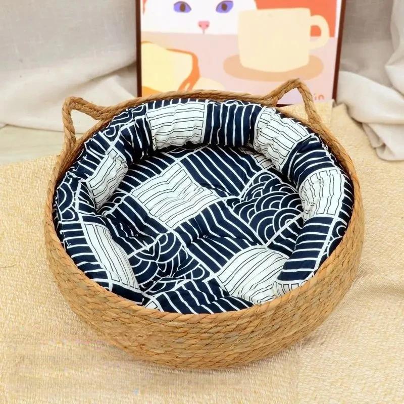Handwoven Rattan Cat Bed Cozy Scratch Resistant Nest With Washable Pad