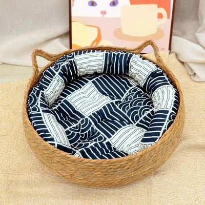 Handwoven Rattan Cat Bed Cozy Scratch Resistant Nest With Washable Pad