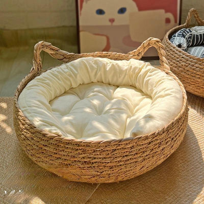 Handwoven Rattan Cat Bed Cozy Scratch Resistant Nest With Washable Pad