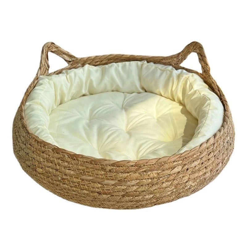 Handwoven Rattan Cat Bed Cozy Scratch Resistant Nest With Washable Pad