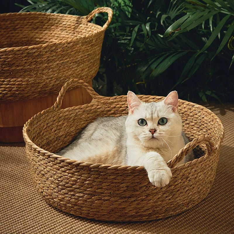 Handwoven Rattan Cat Bed Cozy Scratch Resistant Nest With Washable Pad