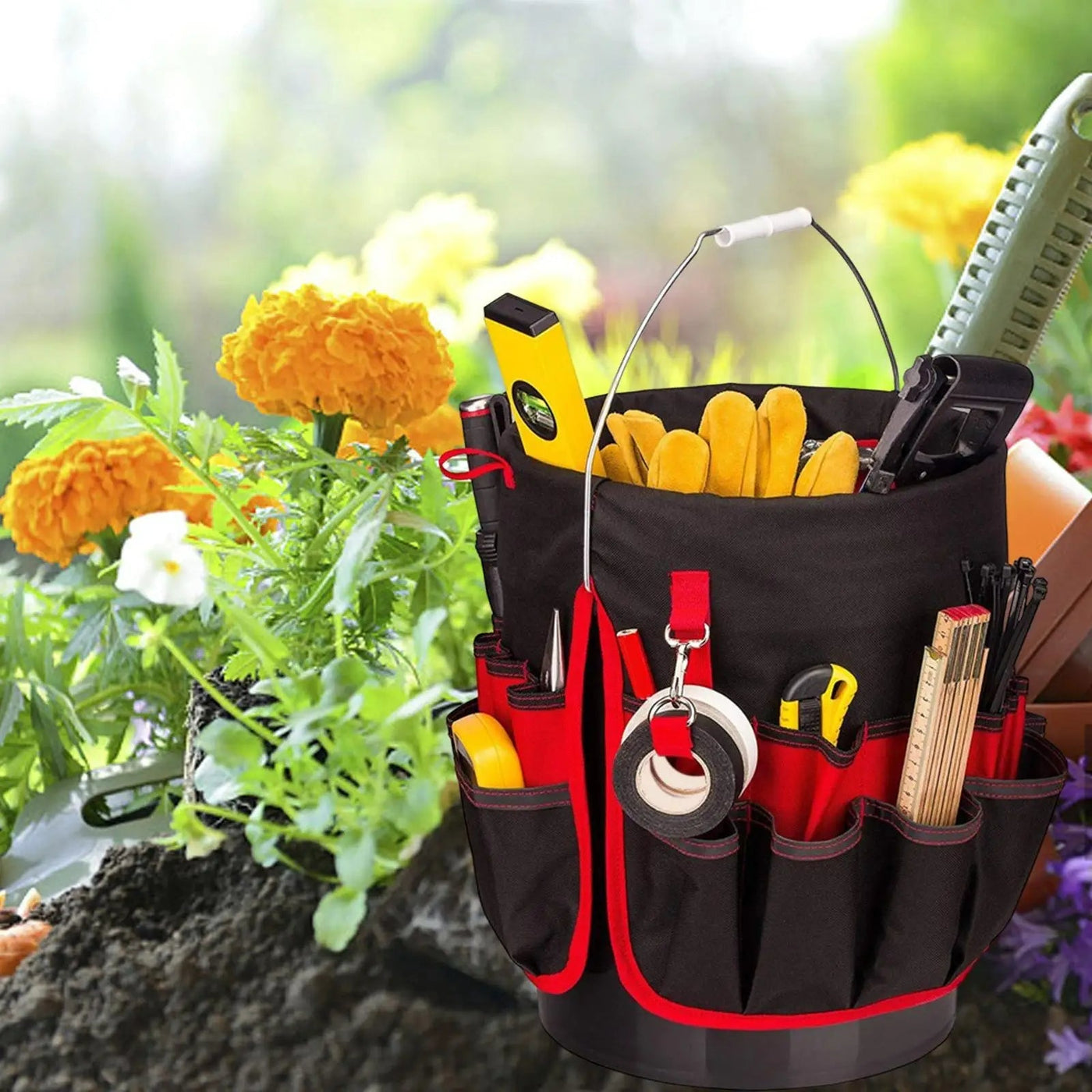 Heavy Duty Tool Organizer Bucket Attachment With Exterior Side Pockets