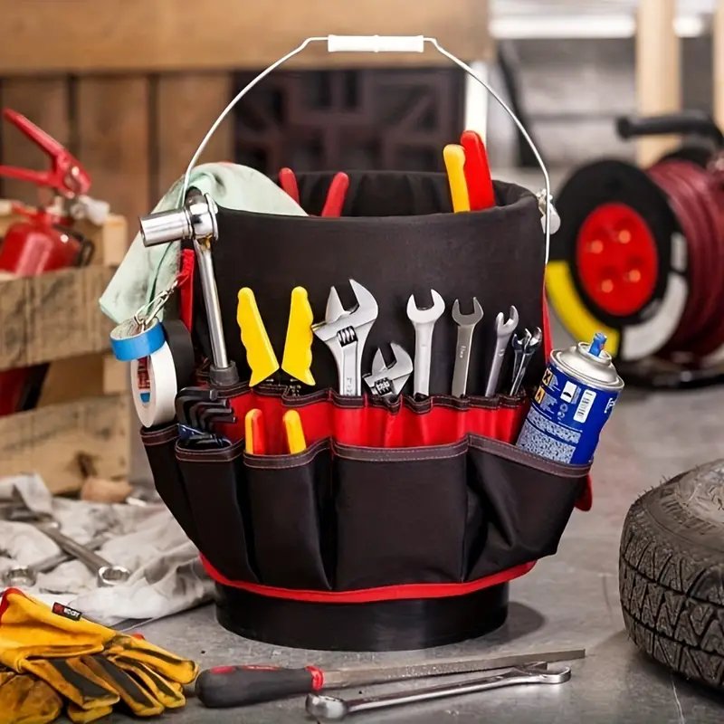 Heavy Duty Tool Organizer Bucket Attachment With Exterior Side Pockets