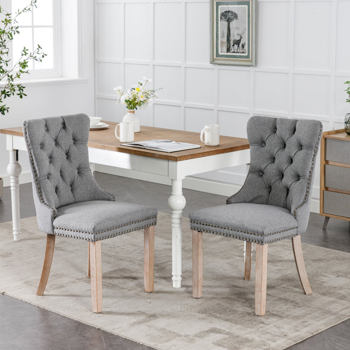 Flax Upholstered Linen Dining Chairs Set Of 2 With Wood Legs Gray