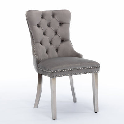 Velvet Dining Chair Set With Tufted Cushion Chrome Legs Gray 2pcs