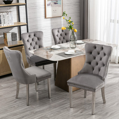 Velvet Dining Chair Set With Tufted Cushion Chrome Legs Gray 2pcs