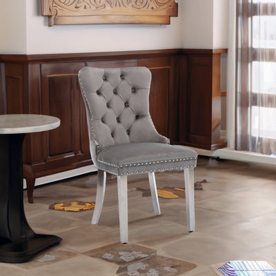 Velvet Dining Chair Set With Tufted Cushion Chrome Legs Gray 2pcs