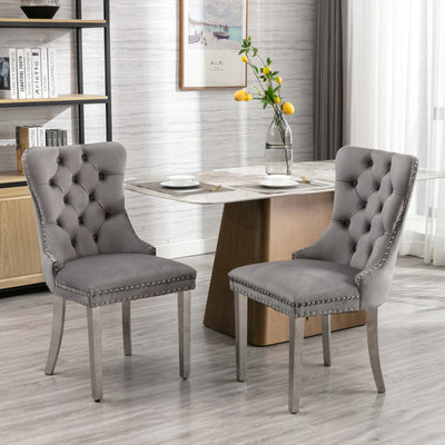 Velvet Dining Chair Set With Tufted Cushion Chrome Legs Gray 2pcs