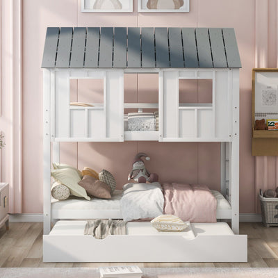 House Bunk Bed With Trundle Roof And Window Playhouse Design