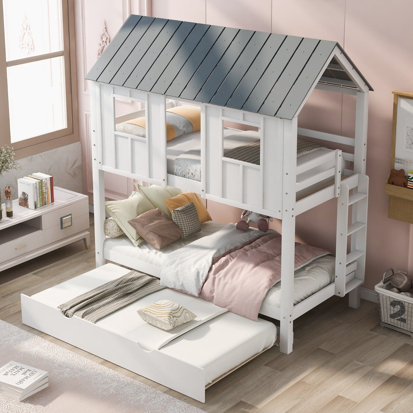 House Bunk Bed With Trundle Roof And Window Playhouse Design