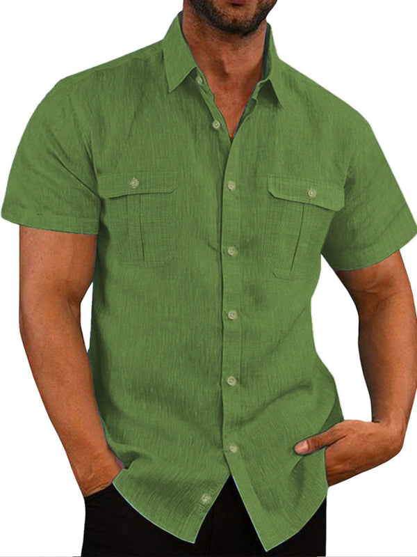 Men's Short Sleeve Cotton Linen Shirt Double Pocket Casual Vacation