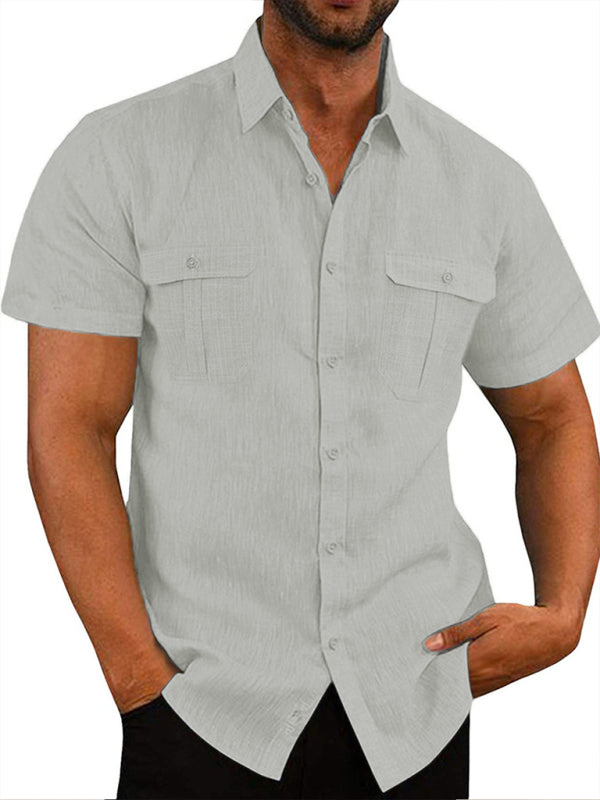 Men's Short Sleeve Cotton Linen Shirt Double Pocket Casual Vacation